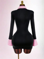 Lapel Patchwork Long SLeeve Button Bodycon Mini Dress