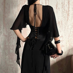 V-neck Mesh Ruffle Strap Corset Top