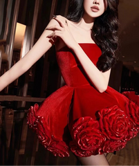 Red Strapless 3D Flowers Short Mini Dress