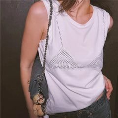 White Rhinestone Bikini Print Sleeveless Tank Top