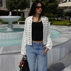 Denim Embroidered Button Jacket And Micro Shorts Set