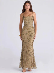 Sequin Embroidered Strap Lace Back Maxi Dress