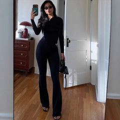 Black Long Sleeve Asymmetric Crop Top And Long Pants Matching Set