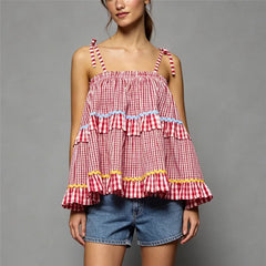 Red Checkered Spaghetti Strap Bow Tie Blouse