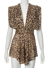 Deep V-neck Print Leopard High Waist Mini Dress