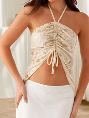 Sequin Embroidery Drawstring Crop Top