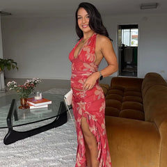 Red Floral Print Halter Deep Neck Ruffled Cut Out Maxi Dress