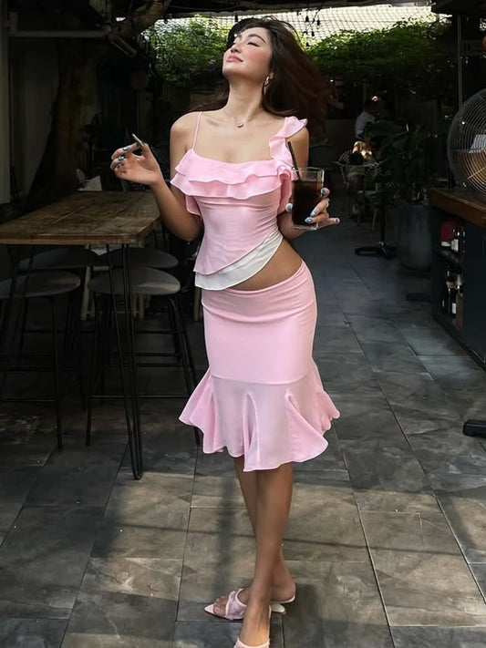 Pink Ruffles Crop Top And Fish Tail Midi Skirt Set