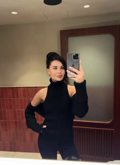 Ribbed Knit Turtleneck Cutout Shoulder  Vest Long-Sleeved Shawl 2-Piece Set Top