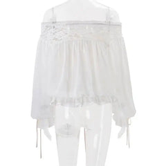 White Off-shoulder Tied Cuff Lantern Sleeve Top