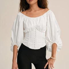 White Quarter Puff Sleeve Back Bow Top