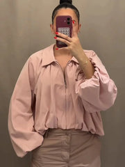 Short Pink Balloon Sleeve Bomber Pleated Zipper Jacket