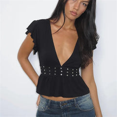 Studded Frill Sleeve Deep V Neck Top