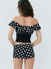 Black One Shoulder Polka Dot Crop Top And Shorts Set