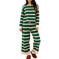 Striped Knit Crew Neck Long Sleeve Top And Drawstring Wide Leg Pants Set