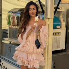 Satin Off Shoulder Lantern Sleeve Ruffled Mini Dress