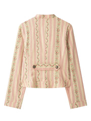 Floral Striped Jacquard  Diagonal Button Stand Collar Jacket