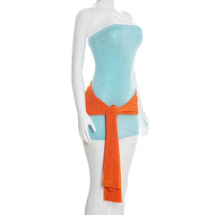 Blue Tube Orange Wrap Around Bodycon Mini Dress