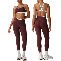 Maroon athletic outfit with white accents worn by a model - front and back view