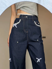 Lace Bow Patchwork Wide Leg Jeans