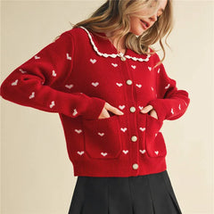 Heart Print Doll Collared Knitted Cardigan