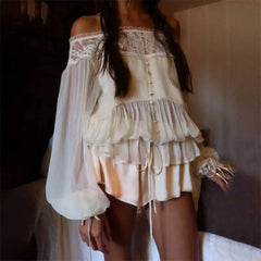 White Lace Trim Off-shoulder Ruffle Cuff Lantern Sleeve Top