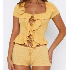 Ruffles Tie-Up Front Short Sleeve Crochet Tops And Shorts Set