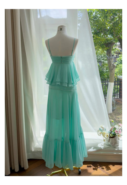Green Babydoll Tube Crop Top And Ruffle Midi Skirt Set