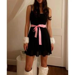 Black Cami Pink Ribbon Tie Mini Dress
