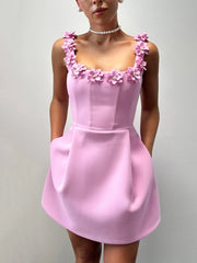 Pink Flower Strap Applique A-line Mini Dress