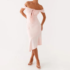 Pink Off-Shoulder Puff Tie Up Midi Dress