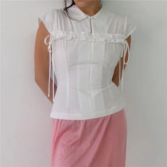Lapel Ruffle Side Drawstring Tie Waist Blouse