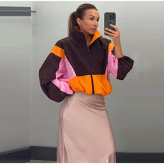 Color Block Collared Zip Up Jacket