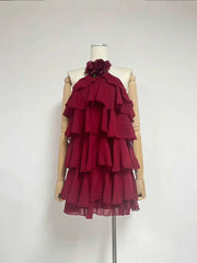 Ruffle Halter Flower Decoration Layered Mini Dress