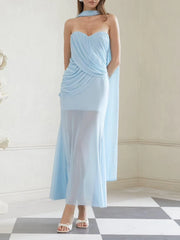 Blue Strapless Sheer Scraf Maxi Dress