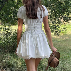 White Corset Lace Trim Tie-Up A-Line Mini Dress