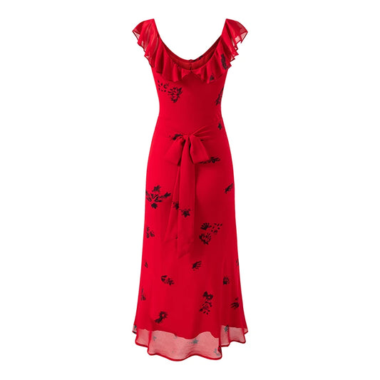 Red Floral Print Chiffon Sleeveless Midi Dress
