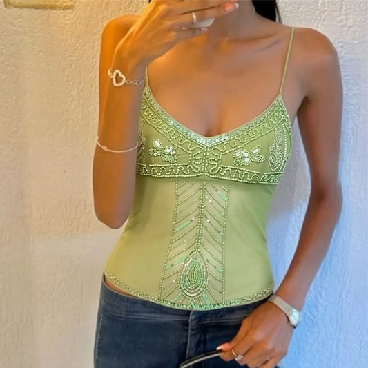 Sequin Beaded Mesh Cami Top