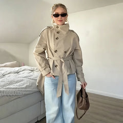 Stand Collar Double Breasted Long Sleeve Belted Short Trench Coat