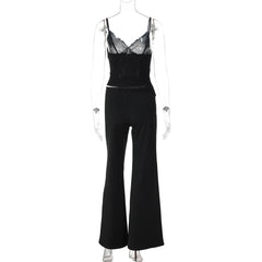 Black Mesh Camisole Top and Low-Rise Flared Pants Set