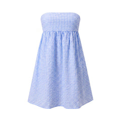 Gingham Strapless Babydoll Back Tie Mini Dress