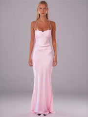 Sequin Strap Lace Up Back Satin Maxi Dress