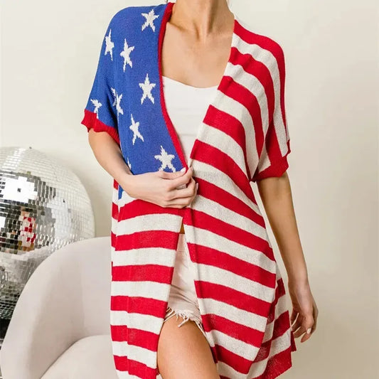 USA Flag Star Stripe Knit Kimono Cardigan