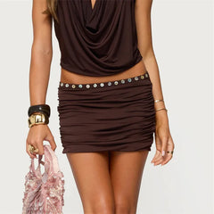 Pleated Decorative Buttons Low Rise Short Skirt