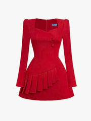 Red Square Collar Pleated Button Mini Dress