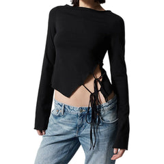 Black Long Sleeve Side Tie Up Top