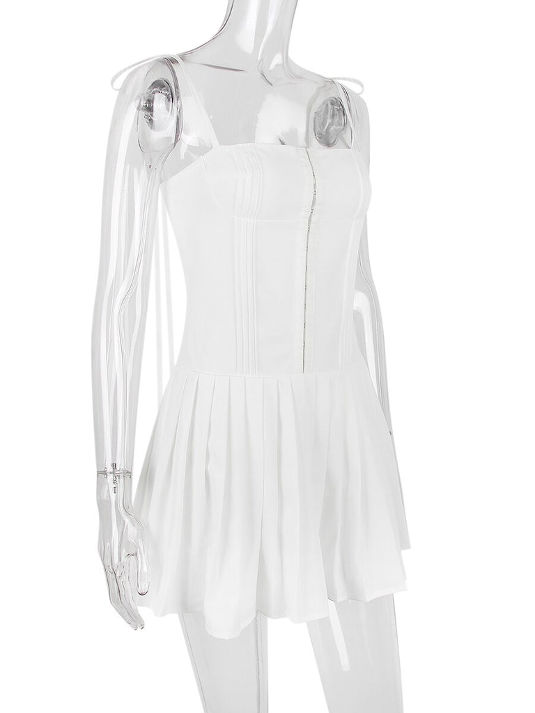 White Hook Tie-Up Pleated Mini Dress