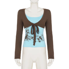 Floral Print Front Tie Long Sleeve T-shirt