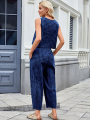 Printed Plaid Sleeveless Vest And Wide Pants Set