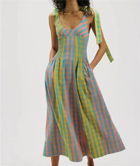 Plaid Patchwork Print Tie Shoulder Strap Maxi Dress